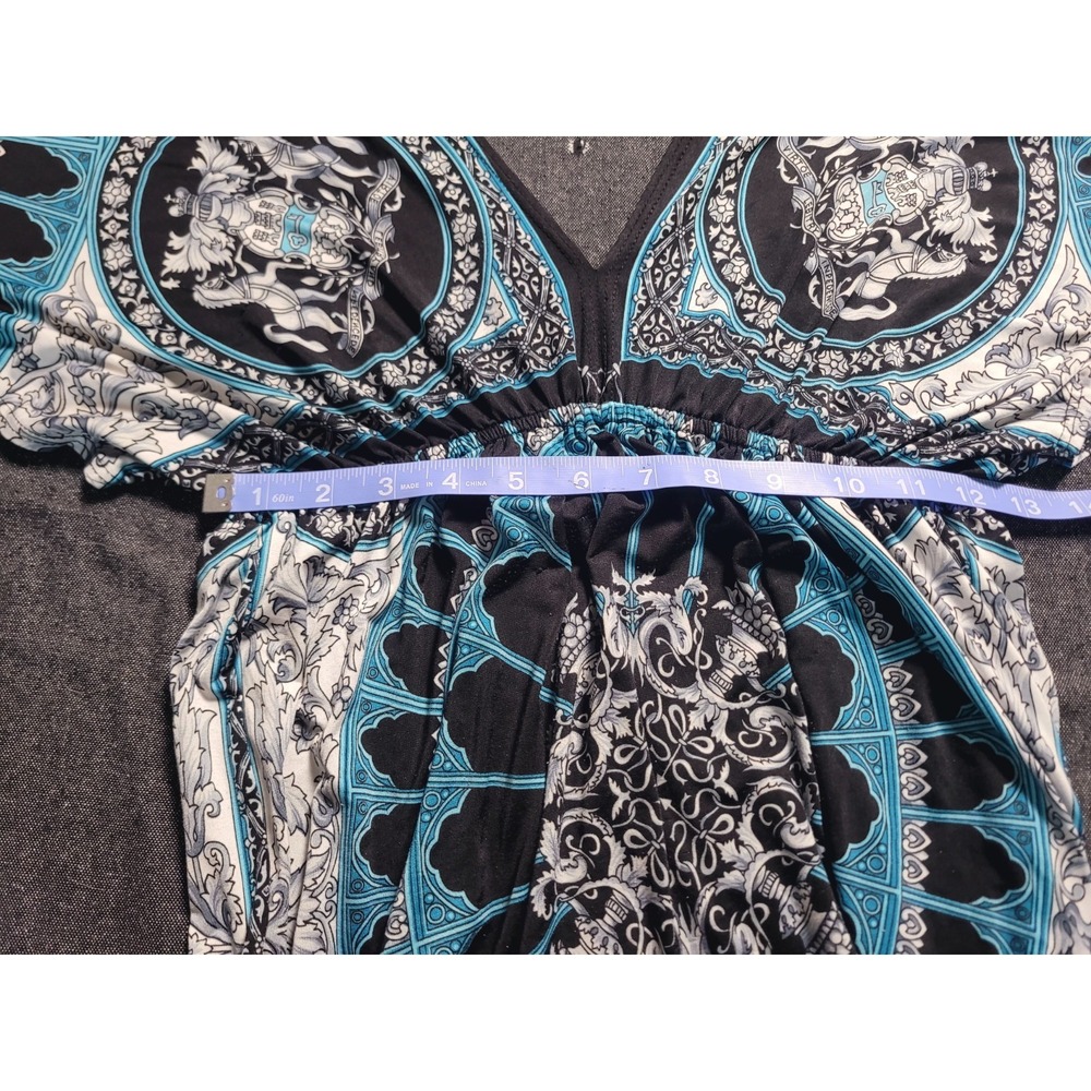 Vintage 90s Y2K Body Central Boho Sleaze V-neck Dress Baroque Teal Motif S/M - Picture 9 of 11